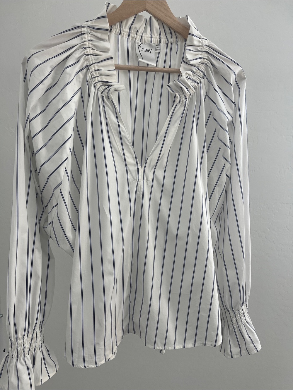 Finley White Striped V-Neck Ruffle Blouse Medium